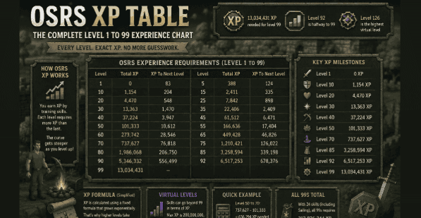 OSRS XP Table: The Complete Level 1 to 99 Experience Chart